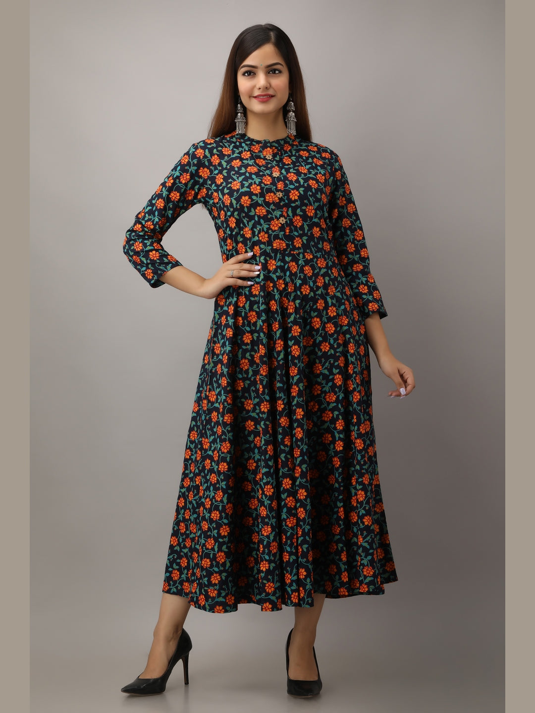 Cotton Printed Mandarin Neck 3/4 Sleeve Flared Ankle Length Kurta