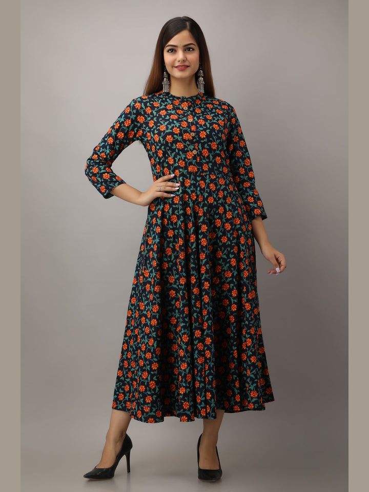 Cotton Printed Mandarin Neck 3/4 Sleeve Flared Ankle Length Kurta