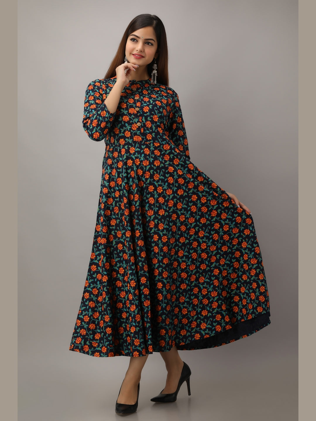 Cotton Printed Mandarin Neck 3/4 Sleeve Flared Ankle Length Kurta