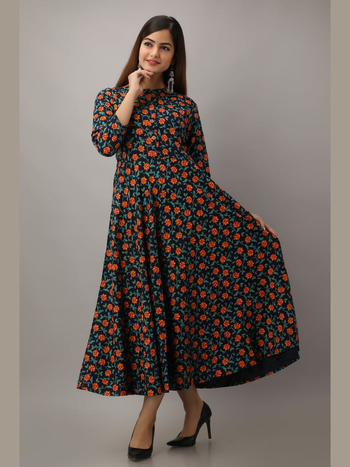Cotton Printed Mandarin Neck 3/4 Sleeve Flared Ankle Length Kurta