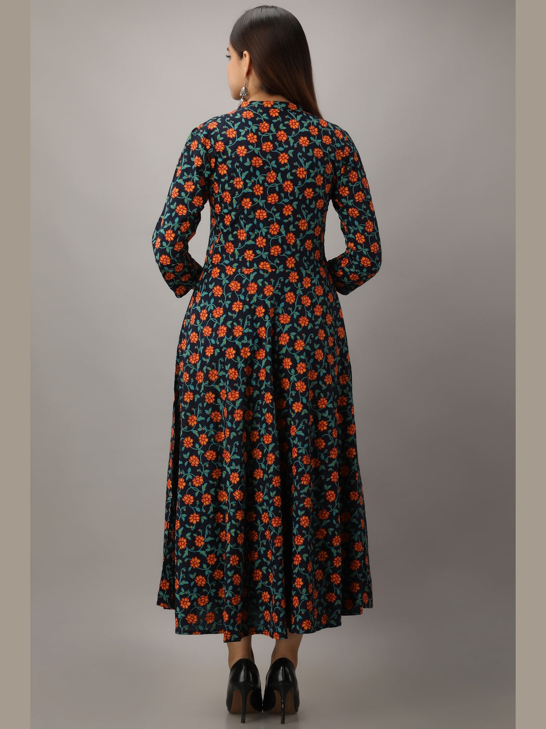 Cotton Printed Mandarin Neck 3/4 Sleeve Flared Ankle Length Kurta