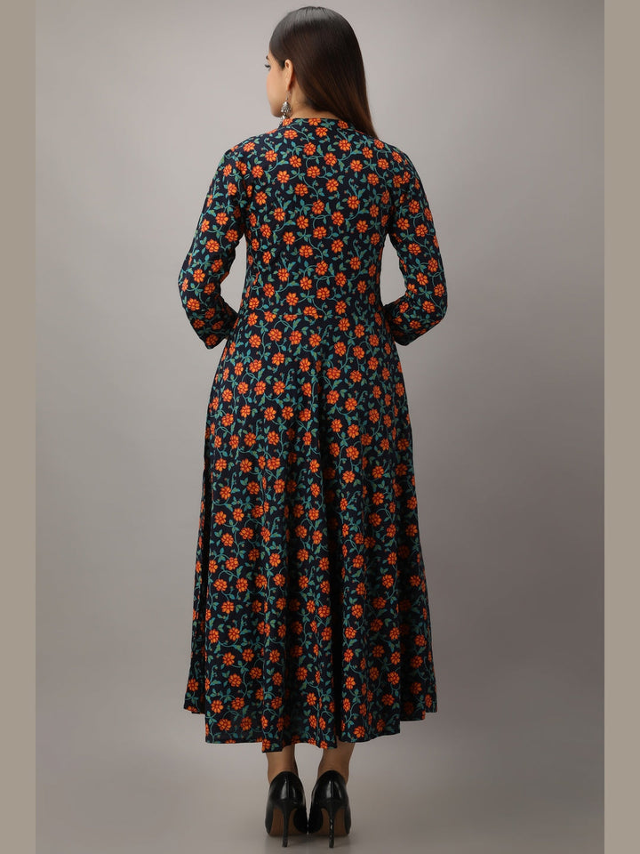 Cotton Printed Mandarin Neck 3/4 Sleeve Flared Ankle Length Kurta