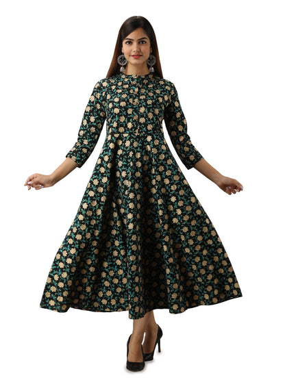 Cotton Printed Mandarin Neck 3/4 Sleeve Flared Ankle Length Kurta