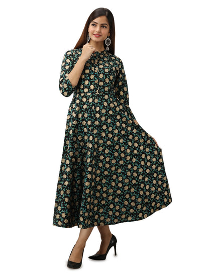 Cotton Printed Mandarin Neck 3/4 Sleeve Flared Ankle Length Kurta