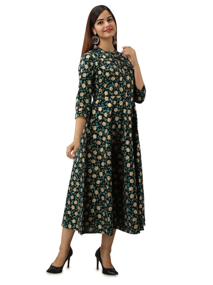Cotton Printed Mandarin Neck 3/4 Sleeve Flared Ankle Length Kurta