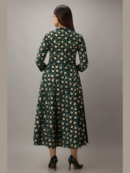 Cotton Printed Mandarin Neck 3/4 Sleeve Flared Ankle Length Kurta