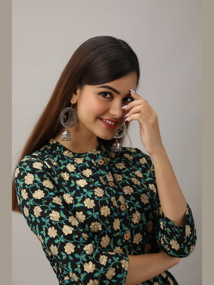 Cotton Printed Mandarin Neck 3/4 Sleeve Flared Ankle Length Kurta