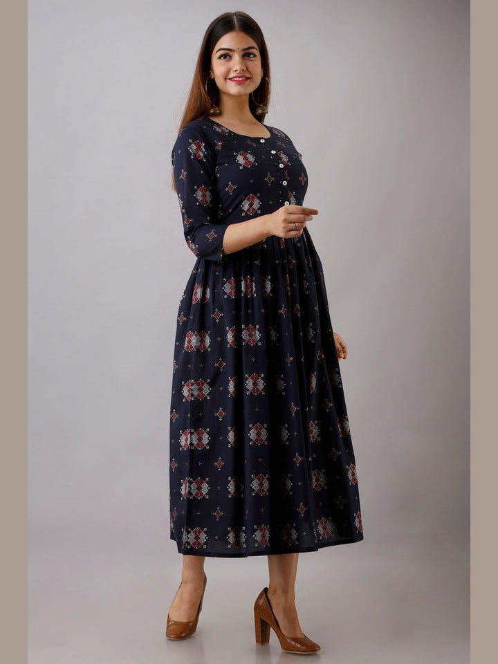 Cotton Printed Round Neck 3/4 Sleeve Flared Ankle Length Kurta