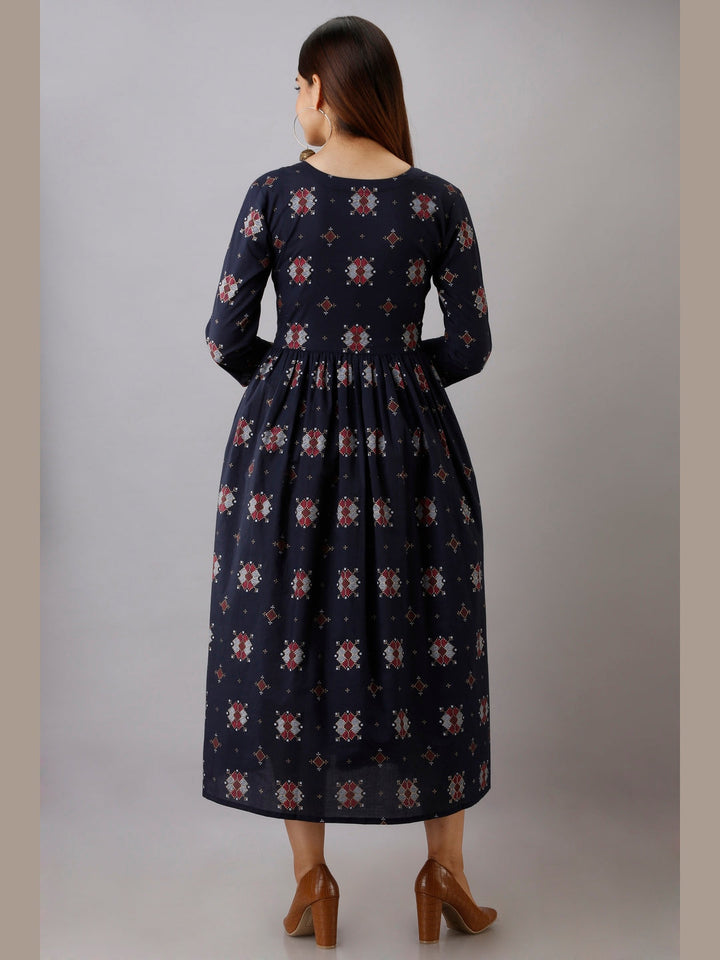Cotton Printed Round Neck 3/4 Sleeve Flared Ankle Length Kurta