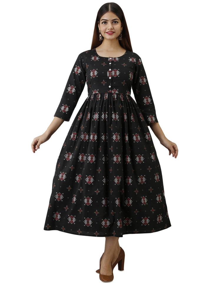 Cotton Printed Round Neck 3/4 Sleeve Flared Ankle Length Kurta