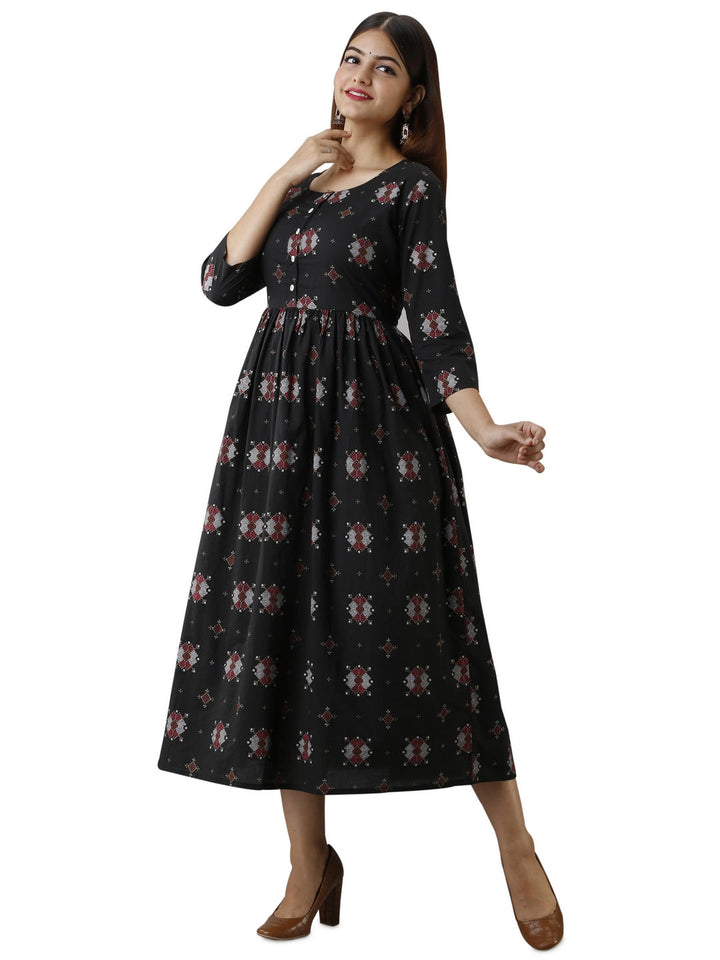Cotton Printed Round Neck 3/4 Sleeve Flared Ankle Length Kurta