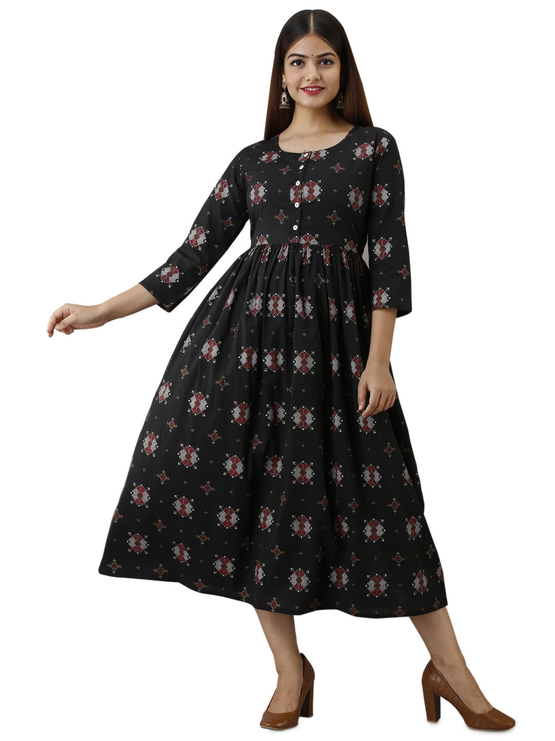 Cotton Printed Round Neck 3/4 Sleeve Flared Ankle Length Kurta