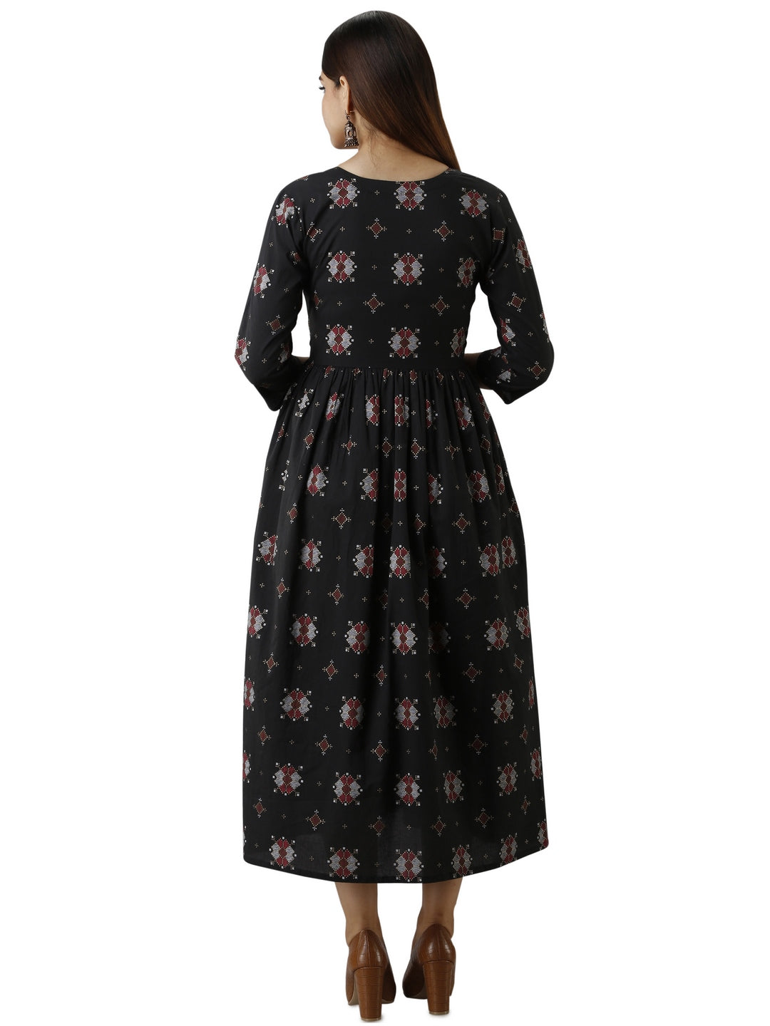 Cotton Printed Round Neck 3/4 Sleeve Flared Ankle Length Kurta