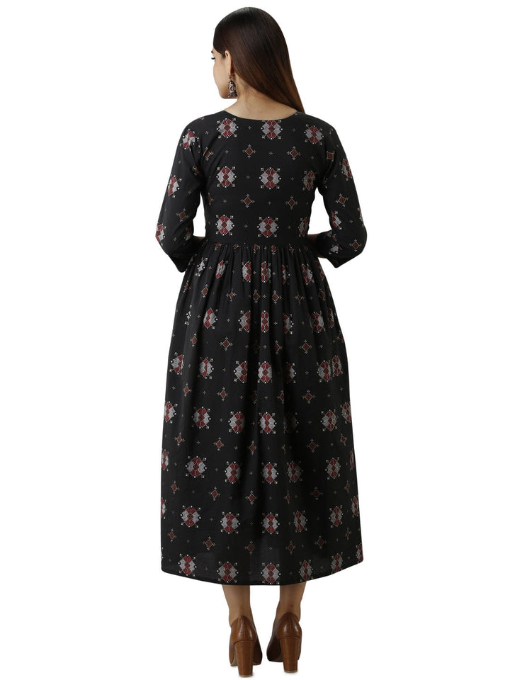 Cotton Printed Round Neck 3/4 Sleeve Flared Ankle Length Kurta