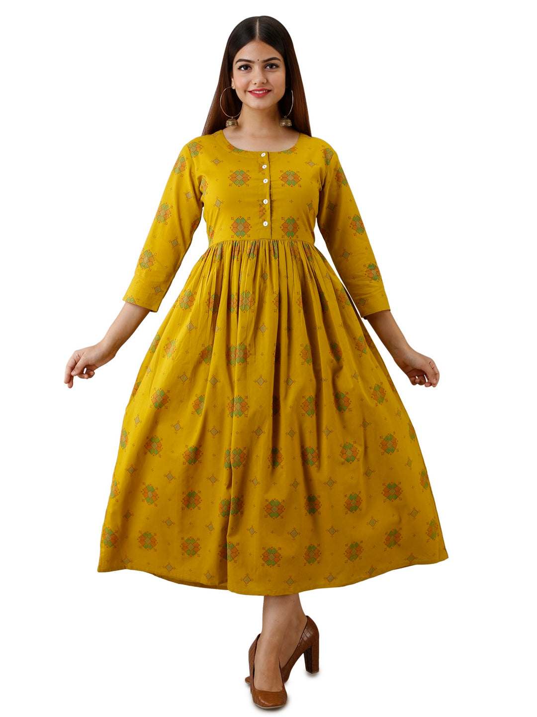 Cotton Printed Round Neck 3/4 Sleeve Flared Ankle Length Kurta