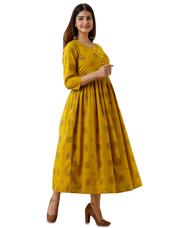 Cotton Printed Round Neck 3/4 Sleeve Flared Ankle Length Kurta