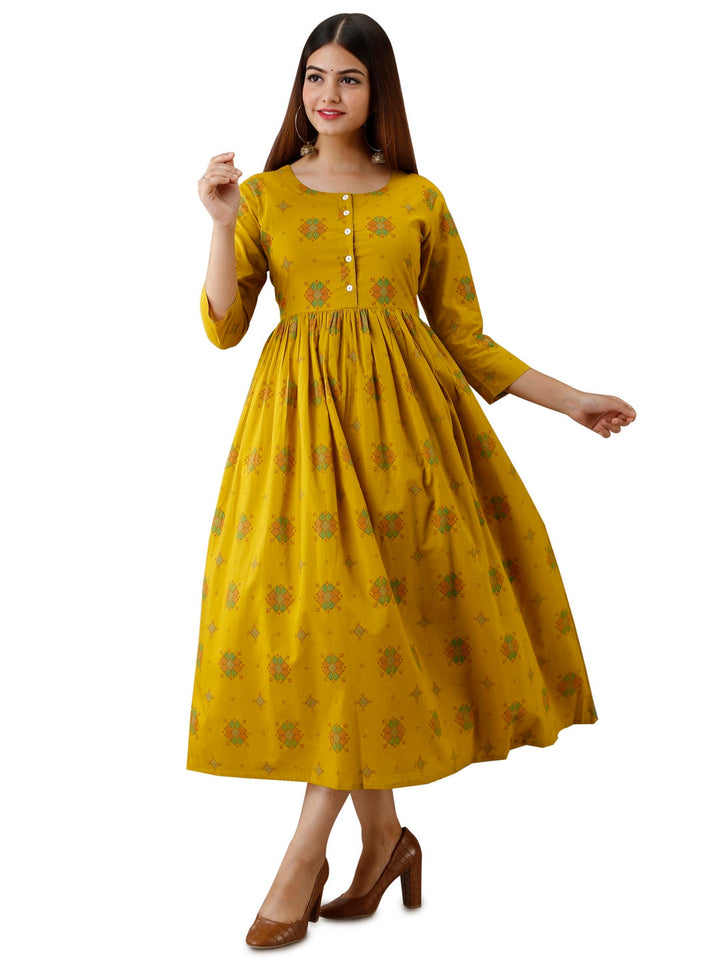 Cotton Printed Round Neck 3/4 Sleeve Flared Ankle Length Kurta