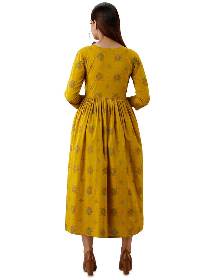 Cotton Printed Round Neck 3/4 Sleeve Flared Ankle Length Kurta