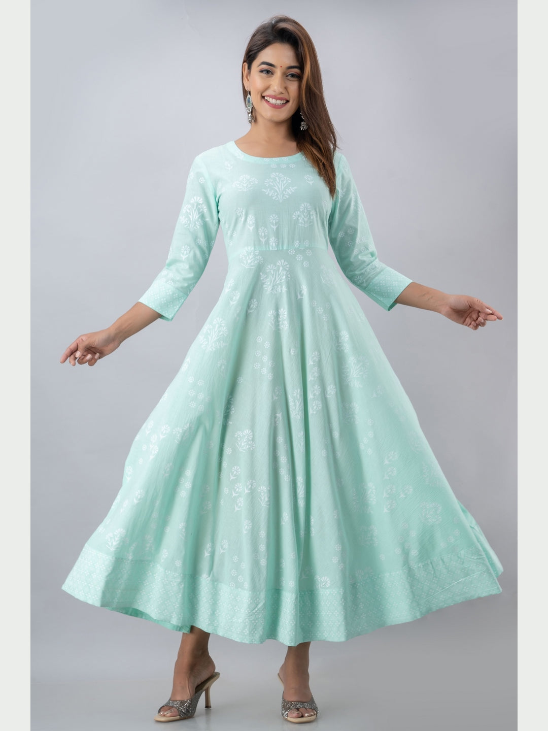 Cotton Printed Round Neck 3/4 Sleeve Flared Ankle Length Kurta