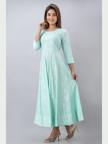 Cotton Printed Round Neck 3/4 Sleeve Flared Ankle Length Kurta