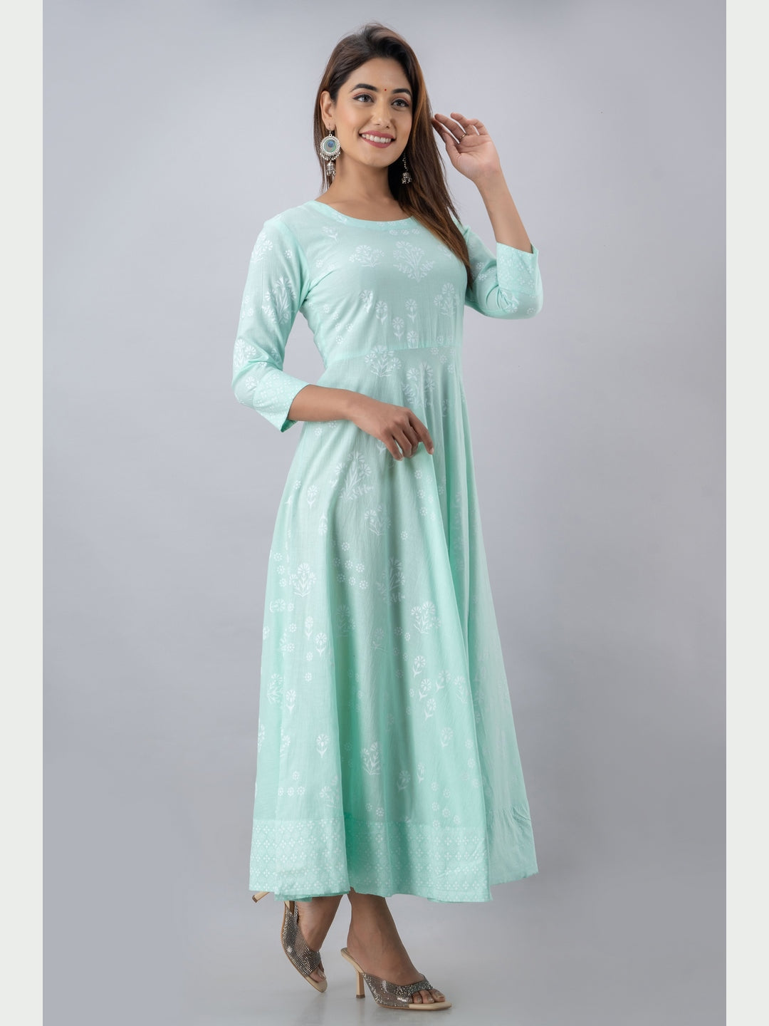 Cotton Printed Round Neck 3/4 Sleeve Flared Ankle Length Kurta