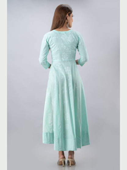 Cotton Printed Round Neck 3/4 Sleeve Flared Ankle Length Kurta