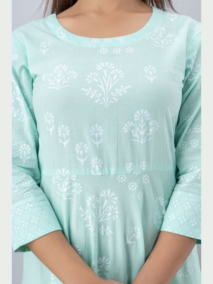 Cotton Printed Round Neck 3/4 Sleeve Flared Ankle Length Kurta