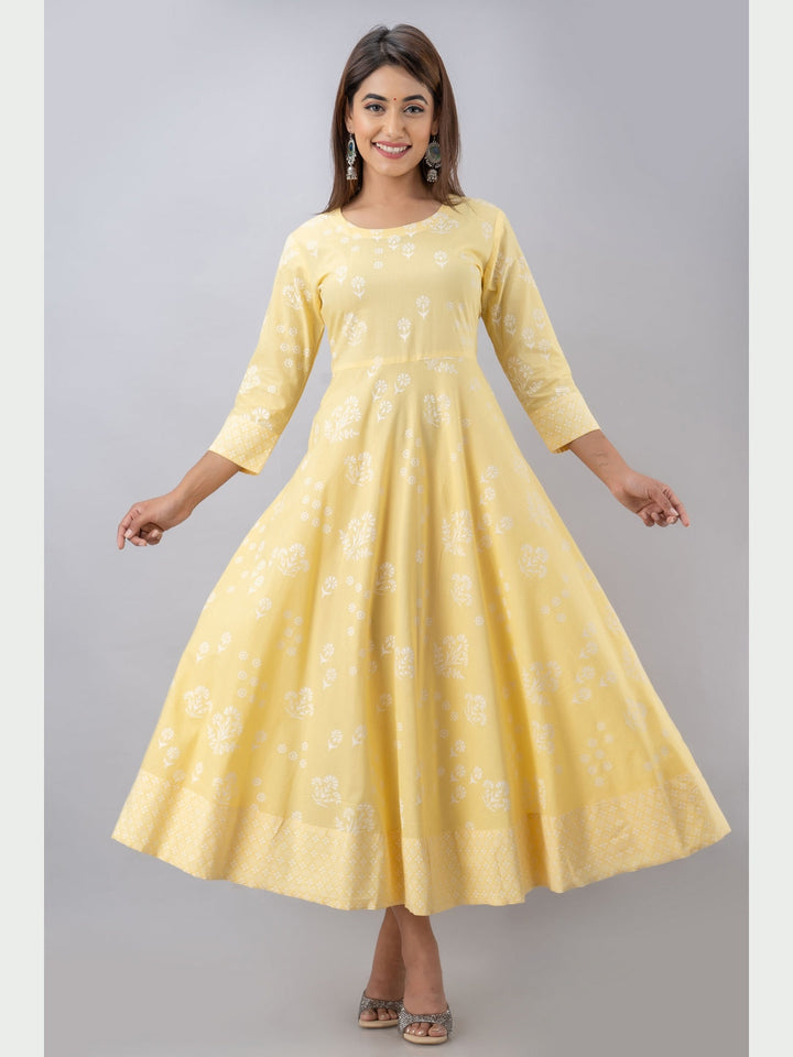 Cotton Printed Round Neck 3/4 Sleeve Flared Ankle Length Kurta