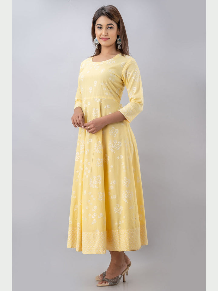 Cotton Printed Round Neck 3/4 Sleeve Flared Ankle Length Kurta