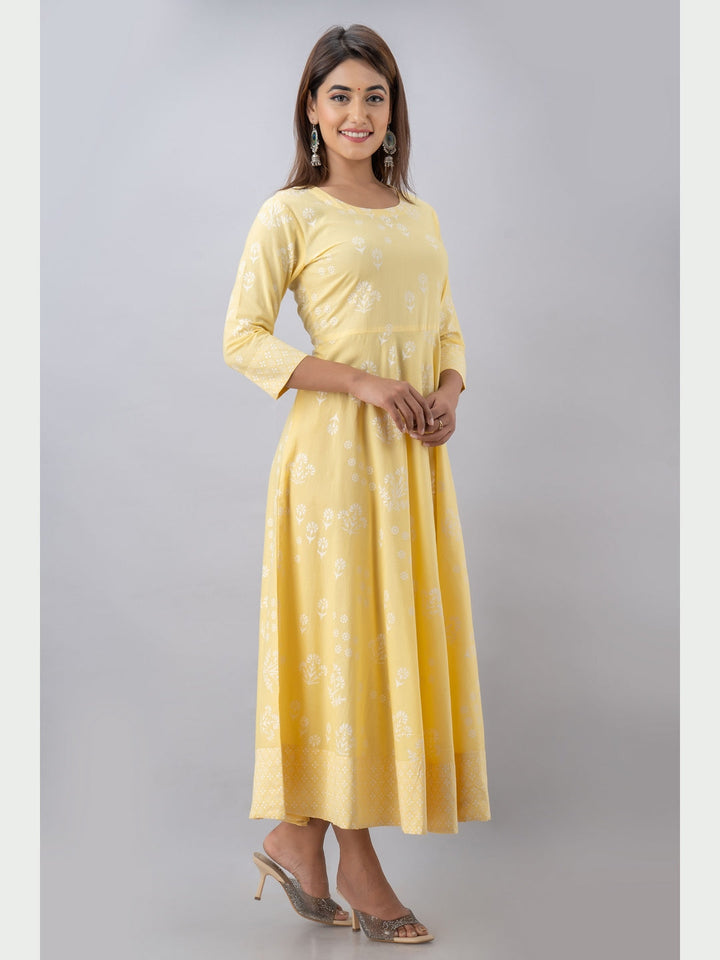 Cotton Printed Round Neck 3/4 Sleeve Flared Ankle Length Kurta