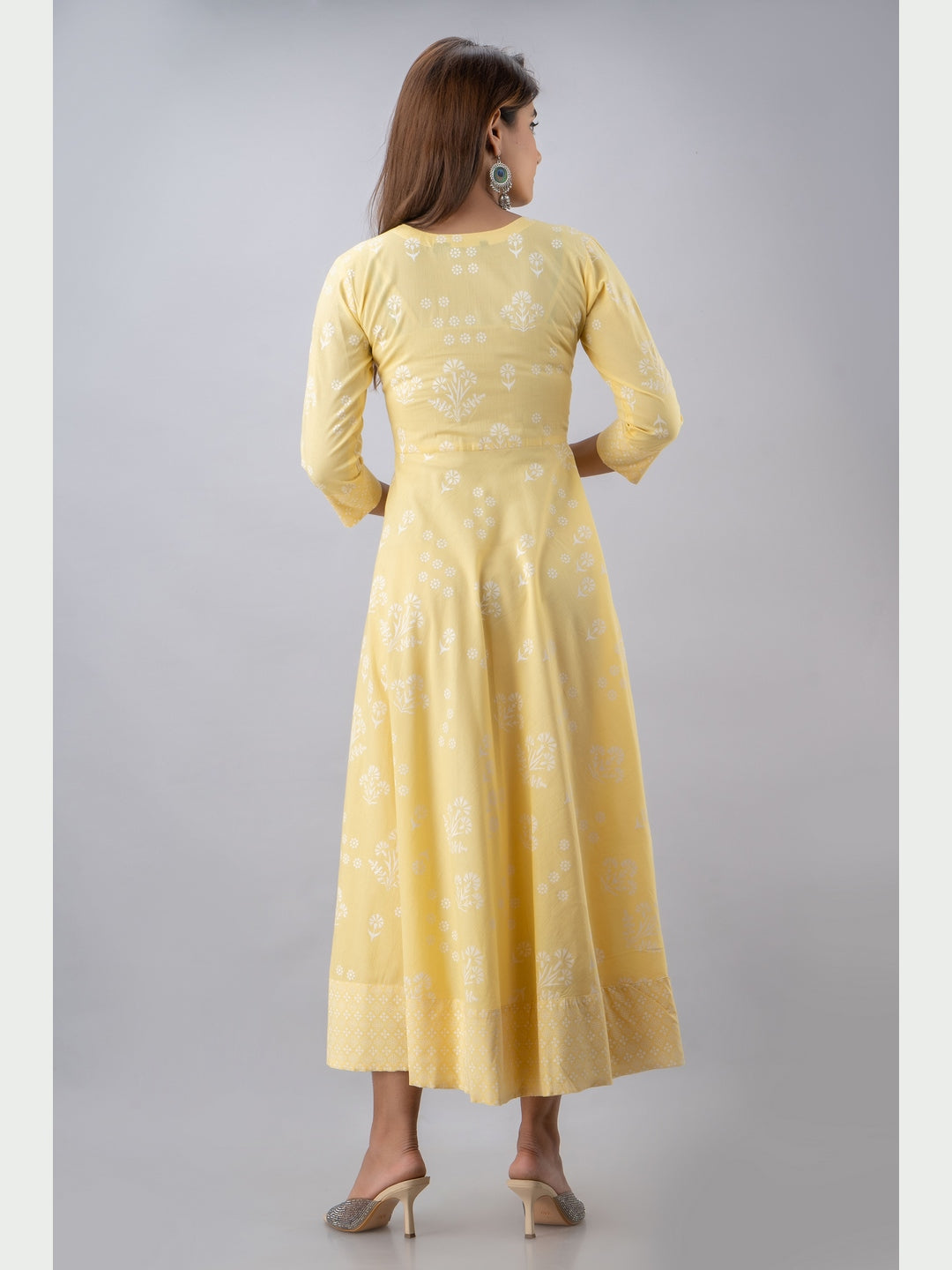 Cotton Printed Round Neck 3/4 Sleeve Flared Ankle Length Kurta