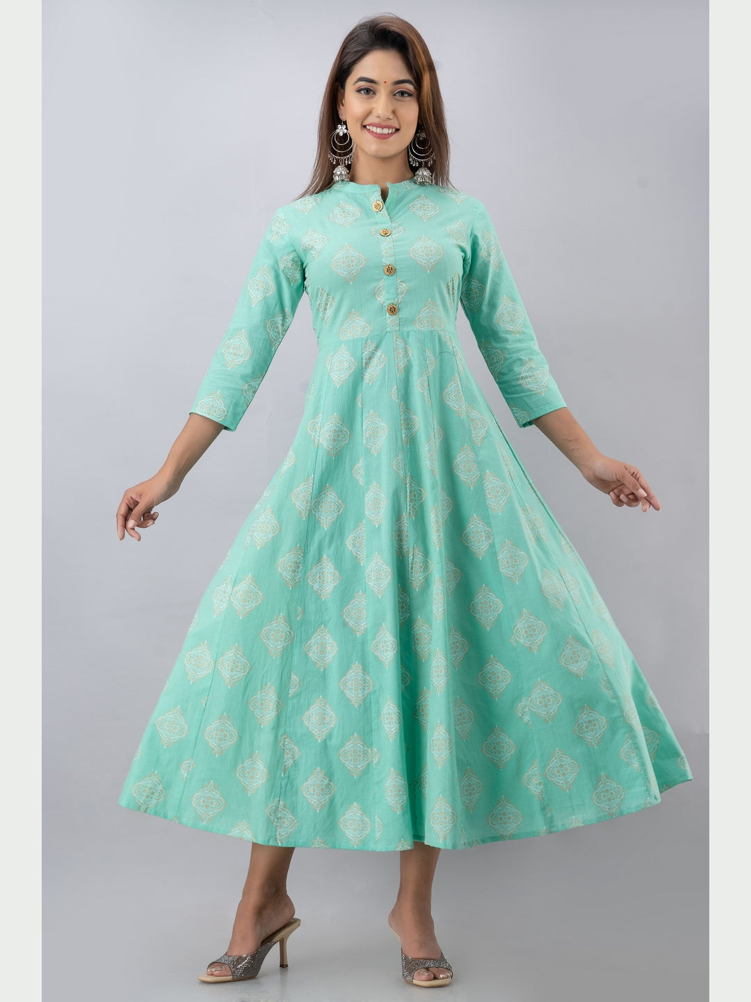 Cotton Printed Mandarin Neck 3/4 Sleeve Flared Ankle Length Kurta