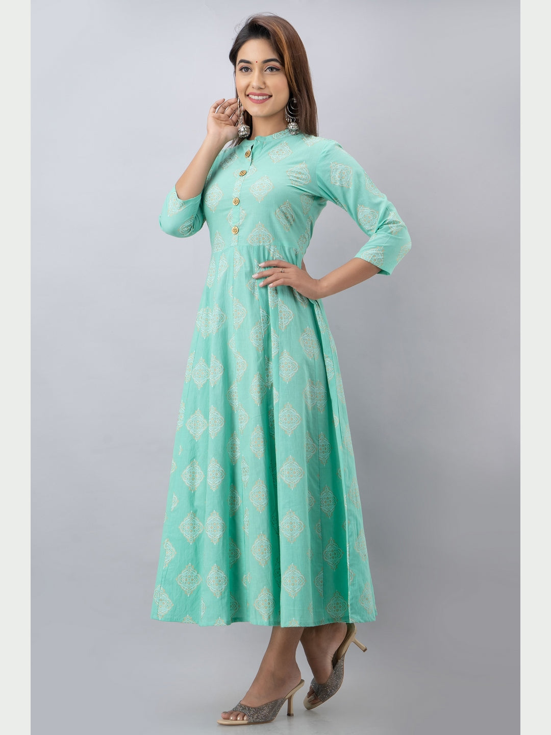 Cotton Printed Mandarin Neck 3/4 Sleeve Flared Ankle Length Kurta