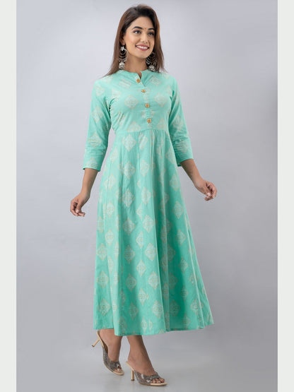 Cotton Printed Mandarin Neck 3/4 Sleeve Flared Ankle Length Kurta