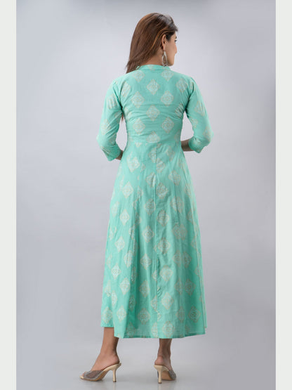 Cotton Printed Mandarin Neck 3/4 Sleeve Flared Ankle Length Kurta