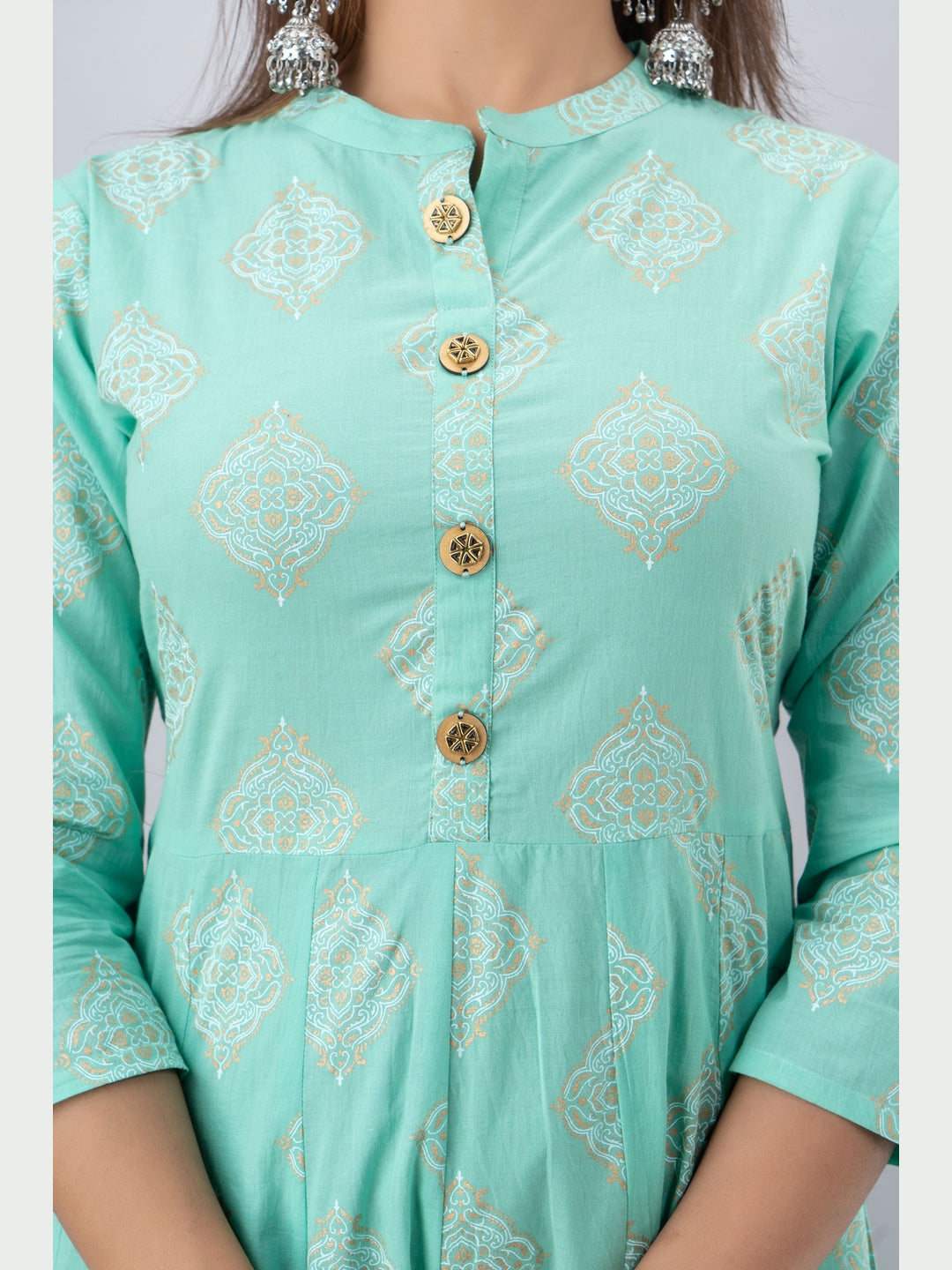 Cotton Printed Mandarin Neck 3/4 Sleeve Flared Ankle Length Kurta