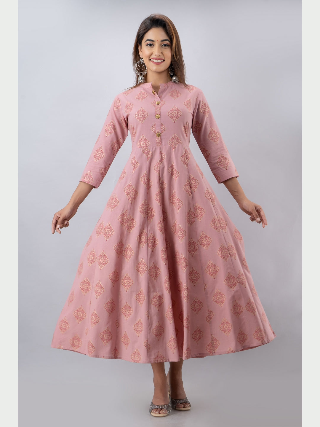 Cotton Printed Mandarin Neck 3/4 Sleeve Flared Ankle Length Kurta