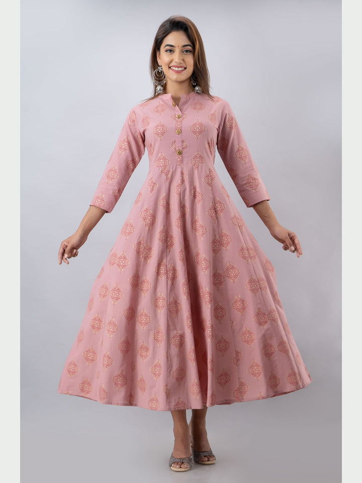 Cotton Printed Mandarin Neck 3/4 Sleeve Flared Ankle Length Kurta