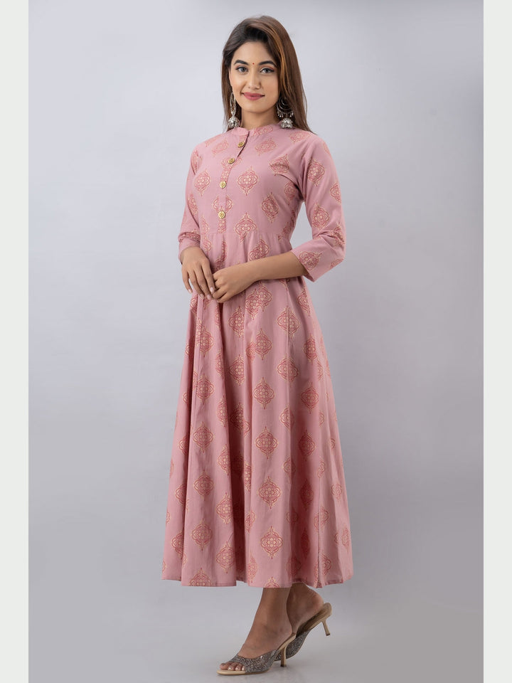 Cotton Printed Mandarin Neck 3/4 Sleeve Flared Ankle Length Kurta