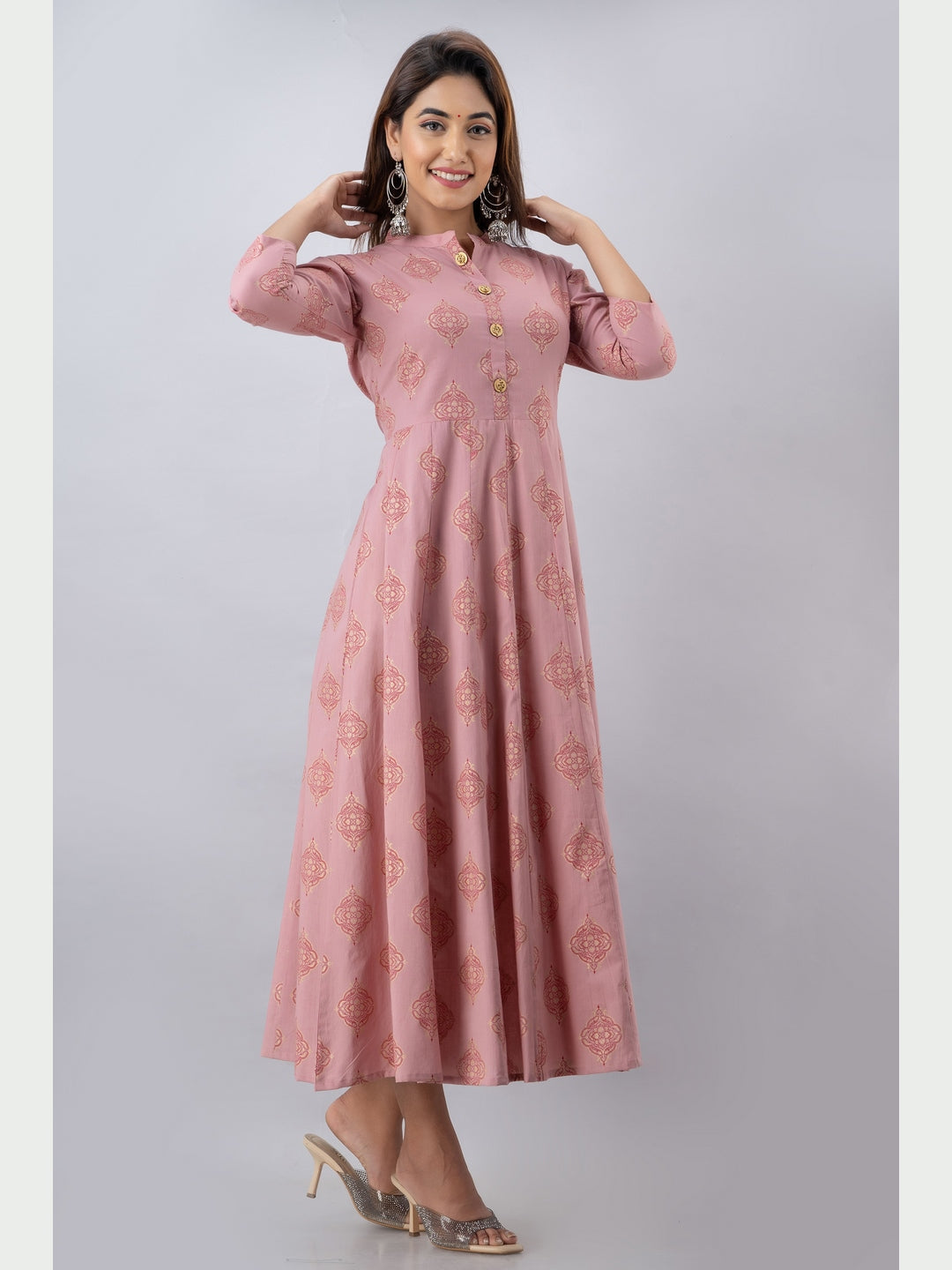 Cotton Printed Mandarin Neck 3/4 Sleeve Flared Ankle Length Kurta