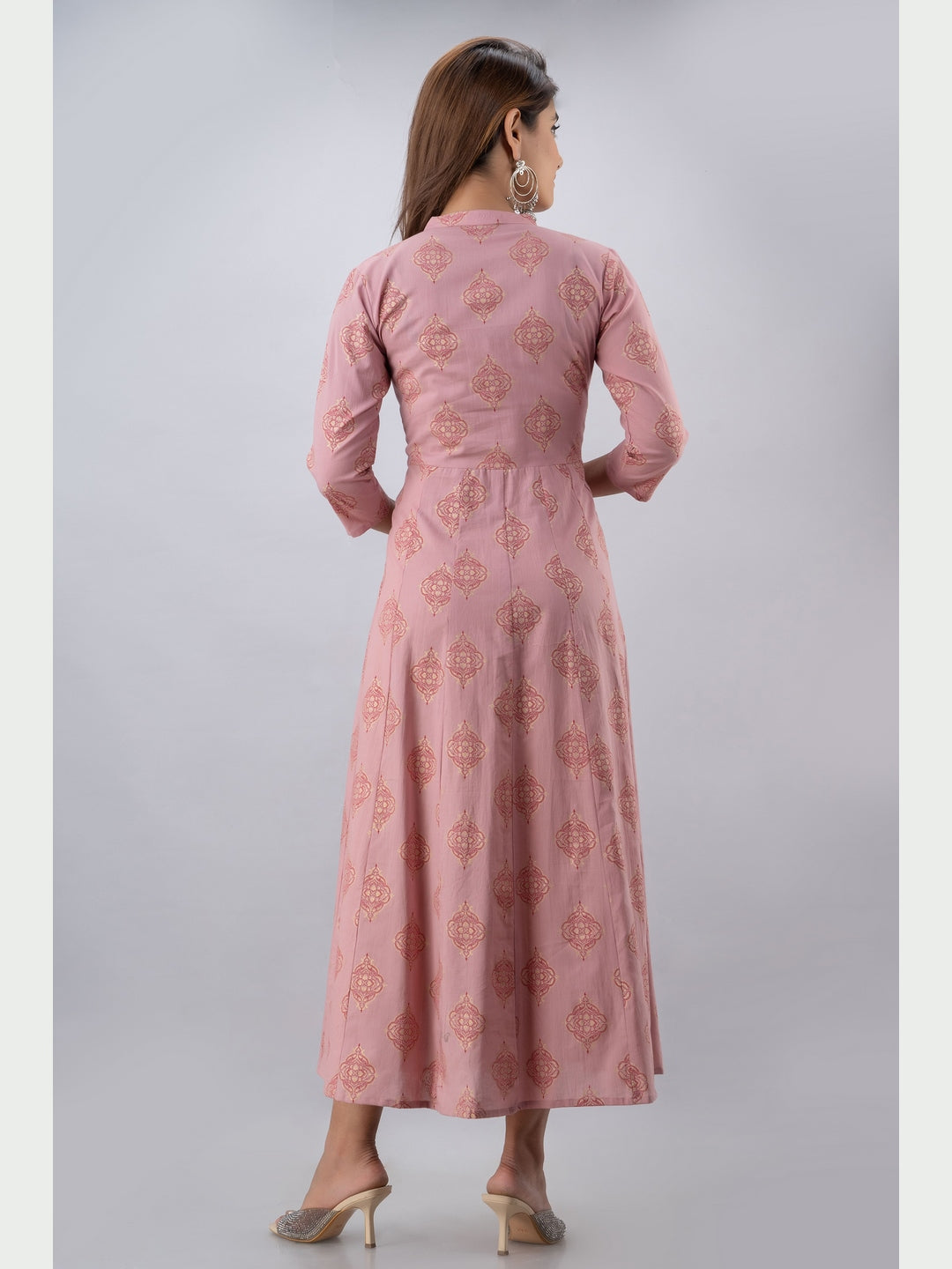 Cotton Printed Mandarin Neck 3/4 Sleeve Flared Ankle Length Kurta
