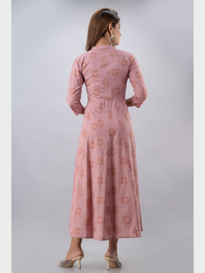 Cotton Printed Mandarin Neck 3/4 Sleeve Flared Ankle Length Kurta