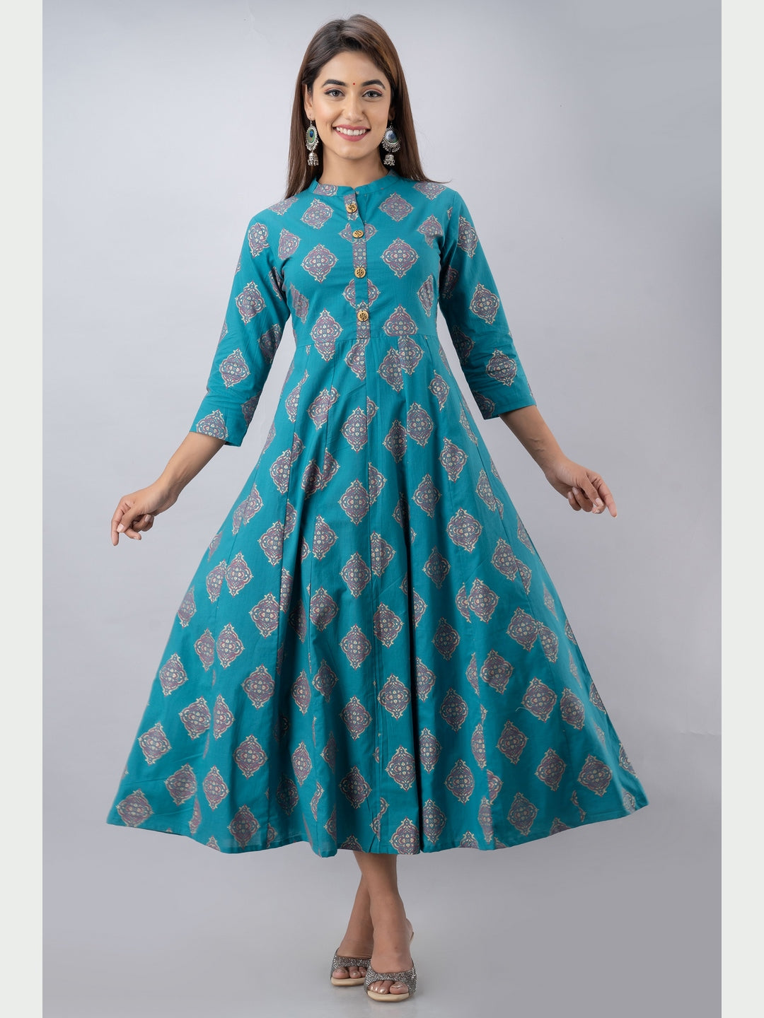 Cotton Printed Mandarin Neck 3/4 Sleeve Flared Ankle Length Kurta