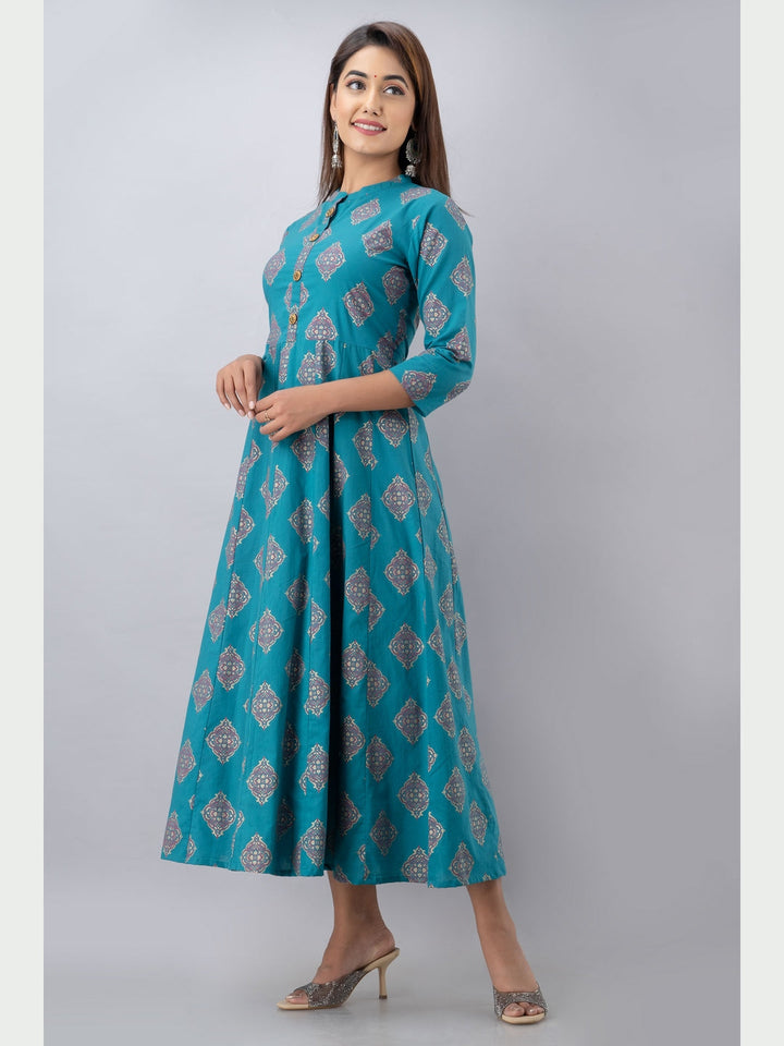 Cotton Printed Mandarin Neck 3/4 Sleeve Flared Ankle Length Kurta