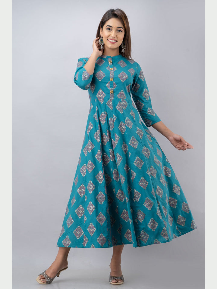 Cotton Printed Mandarin Neck 3/4 Sleeve Flared Ankle Length Kurta