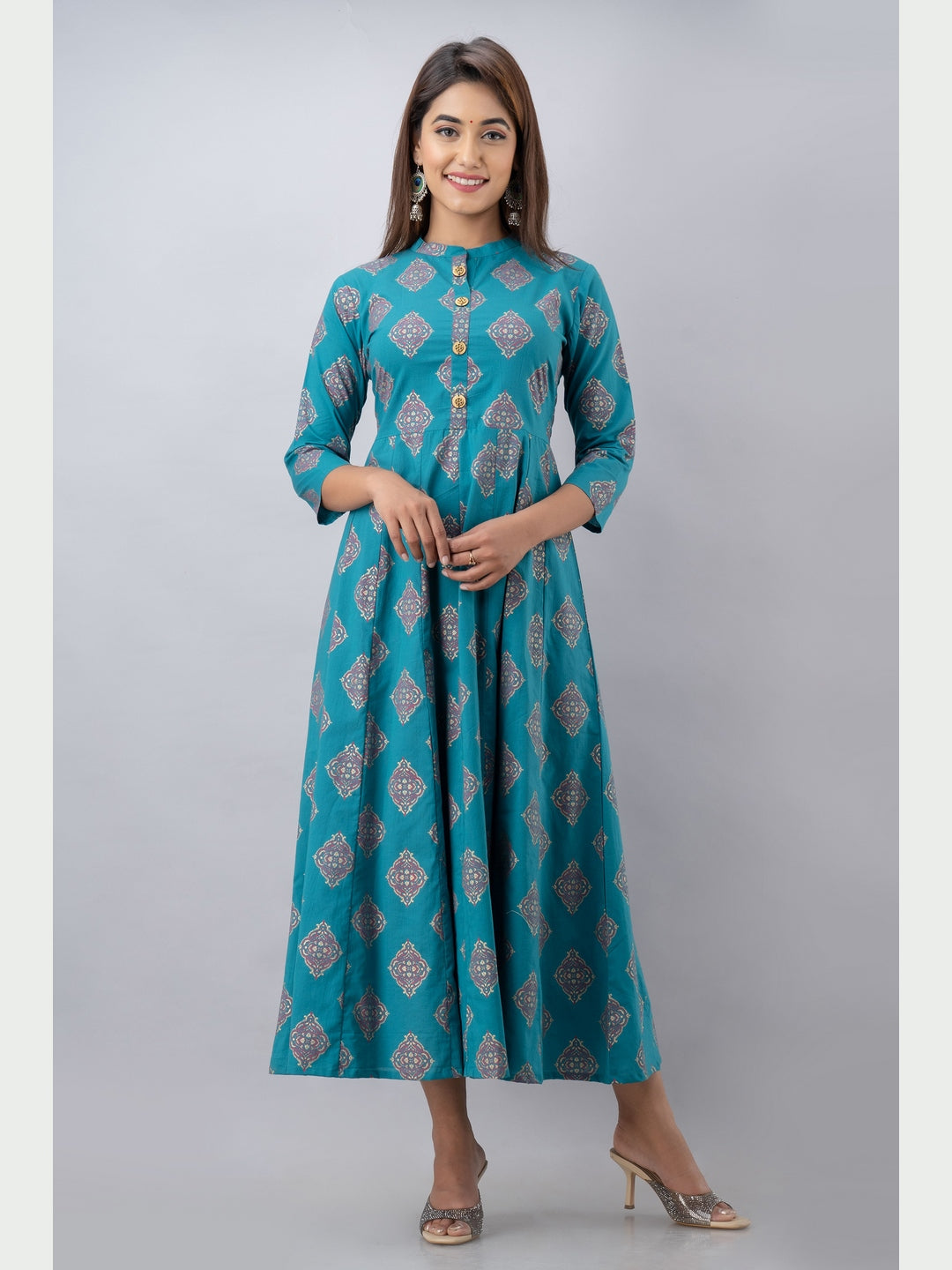 Cotton Printed Mandarin Neck 3/4 Sleeve Flared Ankle Length Kurta