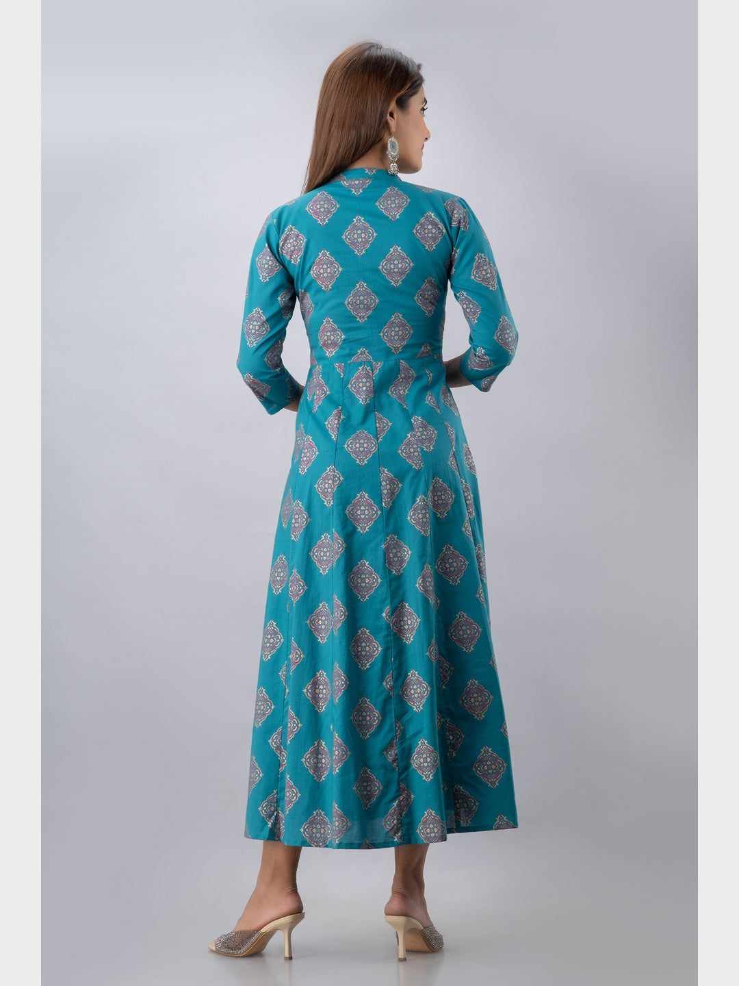 Cotton Printed Mandarin Neck 3/4 Sleeve Flared Ankle Length Kurta