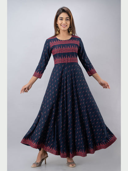 Cotton Printed Round Neck 3/4 Sleeve Flared Ankle Length Kurta