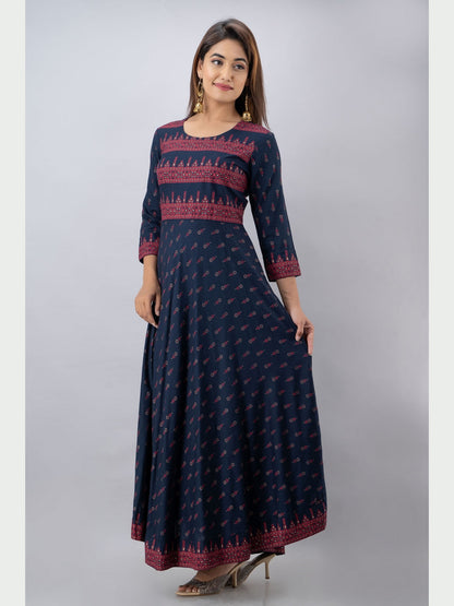 Cotton Printed Round Neck 3/4 Sleeve Flared Ankle Length Kurta