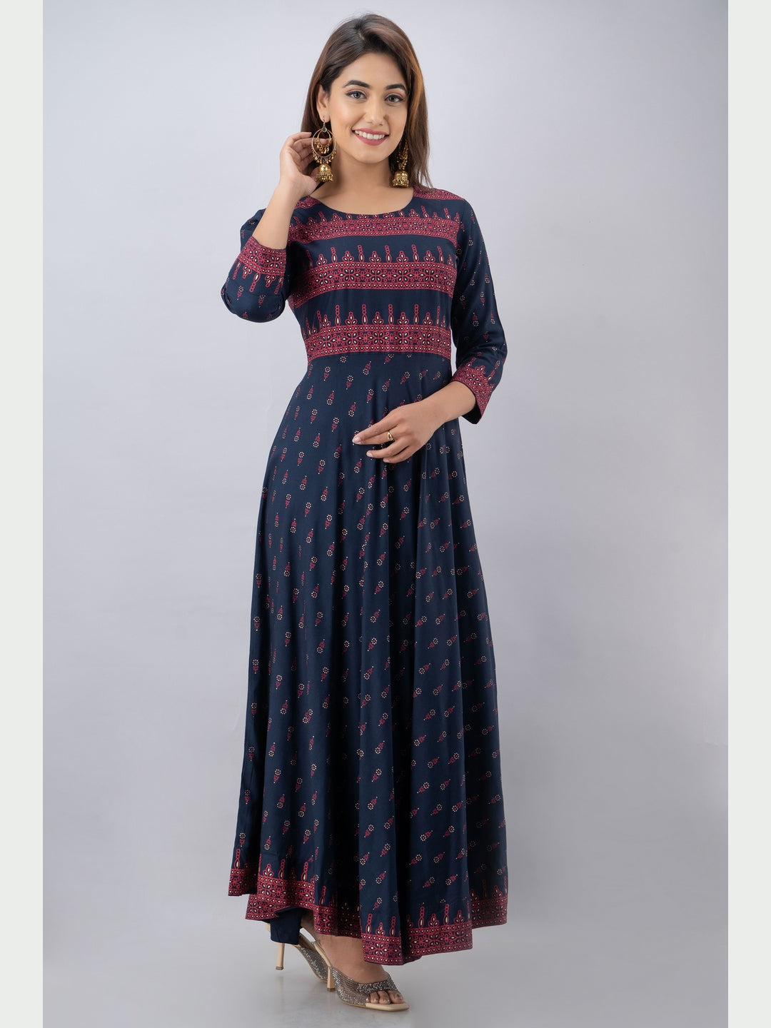 Cotton Printed Round Neck 3/4 Sleeve Flared Ankle Length Kurta